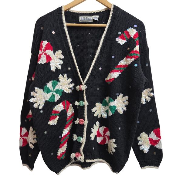 Belle Pointe Womens Vtg 90s Christmas Holiday Candy Sequins Cardigan Sweater L - Picture 1 of 11